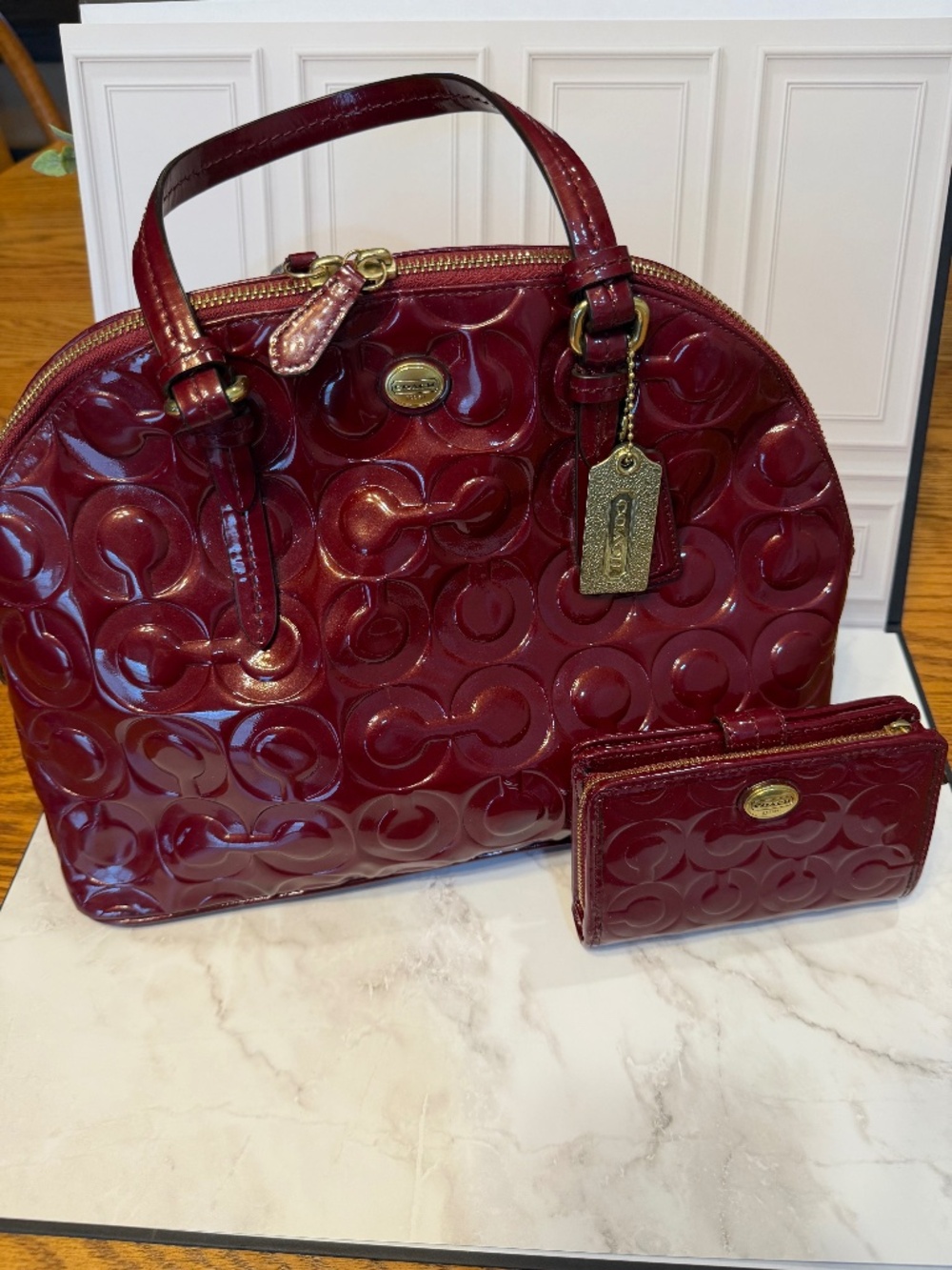 Coach Red Patent Leather Embossed Signature Dome Satchel & Matching Wallet Set